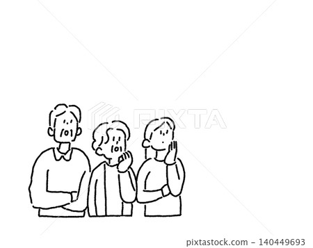 An elderly couple and their daughter, looking up with thoughtful expressions, line drawing. An elderly couple and their daughter, looking up with thoughtful expressions, line drawing. 140449693