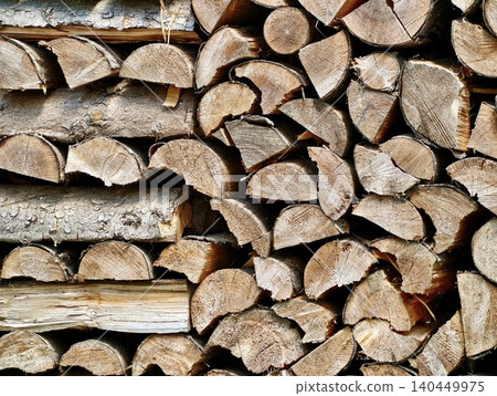 Stacked split firewood logs in a woodpile 140449975