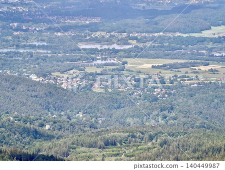 Panoramic view of rural valley with lakes and forests Panoramic view of rural valley with lakes and forests 140449987