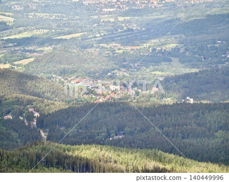 Aerial view of a valley town surrounded by forested hills Aerial view of a valley town surrounded by forested hills 140449996