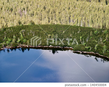 Aerial view of forested shoreline and calm lake reflecting sky Aerial view of forested shoreline and calm lake reflecting sky 140450004