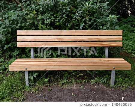 Wooden park bench with metal supports in leafy green setting Wooden park bench with metal supports in leafy green setting 140450036