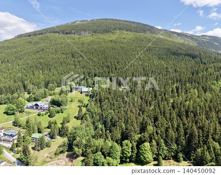 Aerial view of mountain forest with scattered houses and green meadows Aerial view of mountain forest with scattered houses and green meadows 140450092