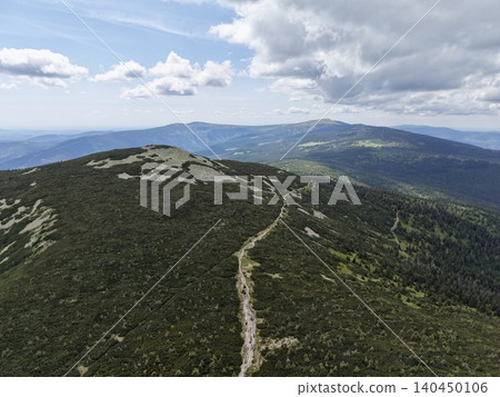 Mountain ridge trail winding through alpine heath under cloudy sky Mountain ridge trail winding through alpine heath under cloudy sky 140450106