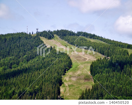 Forest-covered mountain slope with clearing and sky Forest-covered mountain slope with clearing and sky 140450520