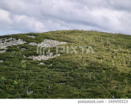 Green hillside with rocky outcrop under cloudy sky 140450523