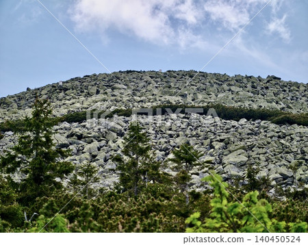 Rocky hillside with scattered trees under cloudy sky Rocky hillside with scattered trees under cloudy sky 140450524