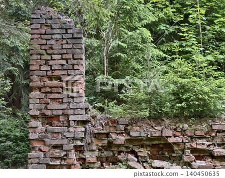 Crumbled red brick wall ruins overgrown by dense green forest Crumbled red brick wall ruins overgrown by dense green forest 140450635