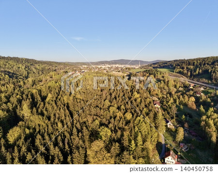 Landscape View With Nature. Vast Perspective Capturing Wooded Hills With Scattered Dwellings And Roads Landscape View With Nature. Vast Perspective Capturing Wooded Hills With Scattered Dwellings And Roads 140450758