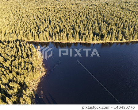 Tranquil Lake Mirrors Thick Forest With Sunlight Creating Soothing And Inspiring Landscape Tranquil Lake Mirrors Thick Forest With Sunlight Creating Soothing And Inspiring Landscape 140450770