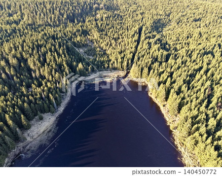 Thick Forest Foliage Provides Stunning View Of Peaceful Lake Below With Sunlight Filtering Through Thick Forest Foliage Provides Stunning View Of Peaceful Lake Below With Sunlight Filtering Through 140450772