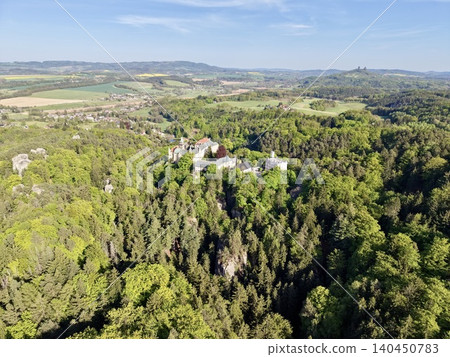 Aerial Perspective Showcasing Secluded Estate With Manicured Grounds Immersed In Lush Forest 140450783
