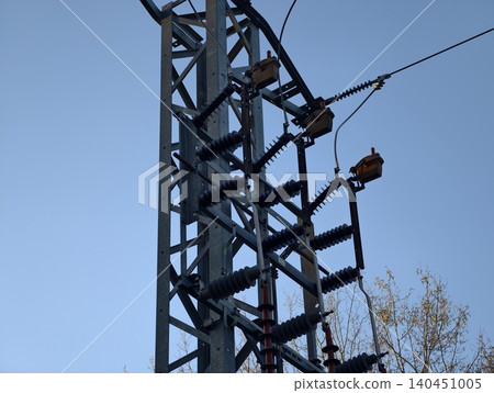 Focused View Of Industrial Framework. Closeup Of Structural Steel With Cables And Insulators 140451005