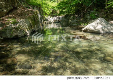 The Fuefuki River stream in early summer, with sunlight filtering through the fresh green leaves (Yamanashi City, Yamanashi Prefecture) The Fuefuki River stream in early summer, with sunlight filtering through the fresh green leaves (Yamanashi City, Yamanashi Prefecture) 140451057