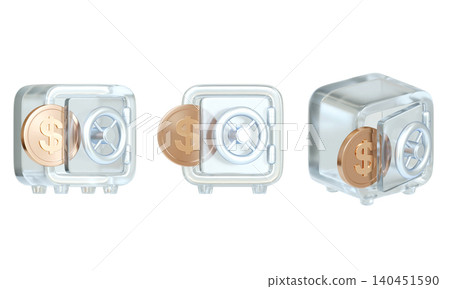 3D transparent Safe Deposit Box with Gold Dollar Coin, Financial Security and Savings Concept 3D transparent Safe Deposit Box with Gold Dollar Coin, Financial Security and Savings Concept 140451590