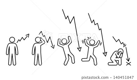Stock market crash and financial crisis concept, stick figure investor panic and anxiety vector illustration Stock market crash and financial crisis concept, stick figure investor panic and anxiety vector illustration 140451847