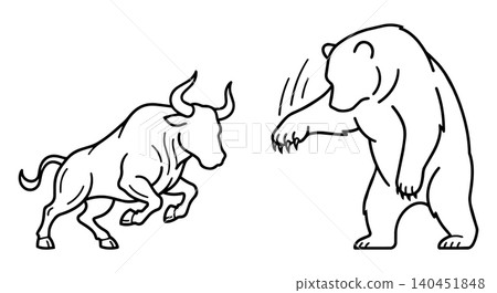 Bull and bear stock market fight concept, financial investment and economic trend line art vector illustration Bull and bear stock market fight concept, financial investment and economic trend line art vector illustration 140451848