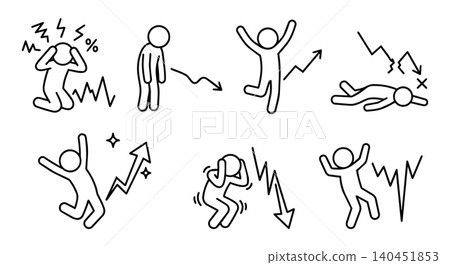 Stock market volatility and investor psychology concept, stick figure profit loss panic and joy vector illustration set Stock market volatility and investor psychology concept, stick figure profit loss panic and joy vector illustration set 140451853