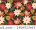 Seamless dense botanical pattern with dahlia, chrysanthemum and daisy blooms in red, cream and gold on dark green. Bold maximalist style for fabric, wallpaper, gift wrap, home decor, packaging. 140451943