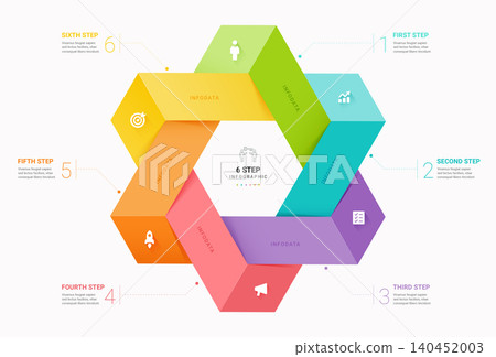6 Step Venn Diagram Infographic Template Background with 3D Hexagonal Workflow Process Design 140452003