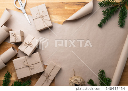 Finished Christmas Gift Wrapping With Twine Bow Finished Christmas Gift Wrapping With Twine Bow 140452434