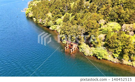 A lush green forest and the torii gate of Hakone Shrine floating on Lake Ashi | A spectacular aerial view A lush green forest and the torii gate of Hakone Shrine floating on Lake Ashi | A spectacular aerial view 140452515