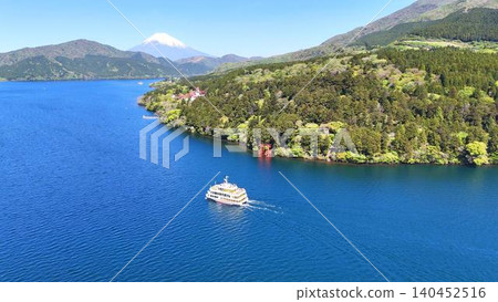 Hakone Lake Ashi sightseeing boat cruise and Mount Fuji | Drone Hakone Lake Ashi sightseeing boat cruise and Mount Fuji | Drone 140452516