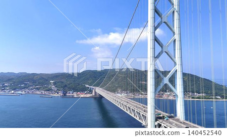 Aerial view of the Akashi Kaikyo Bridge, with the truss structure of the main towers looming close by. Aerial view of the Akashi Kaikyo Bridge, with the truss structure of the main towers looming close by. 140452540