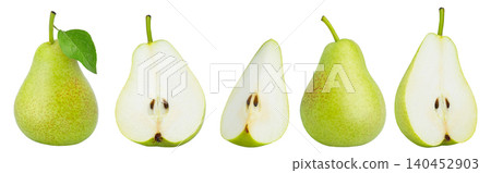 Pear fruit with green leaf, half and cut in slice isolated with clipping path. Pears Clipping Path. No shadow. Pear fruit with green leaf, half and cut in slice isolated with clipping path. Pears Clipping Path. No shadow. 140452903