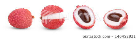 Lychees set. Pink juicy whole lychee and peeled half of lychee with seed isolated. Lychees set. Pink juicy whole lychee and peeled half of lychee with seed isolated. 140452921