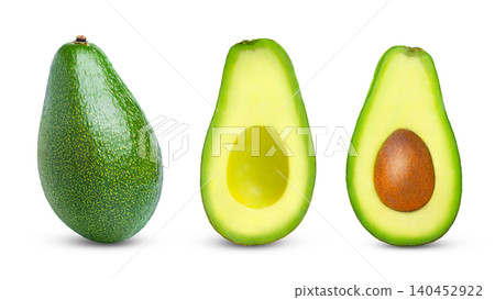 Ripe fresh clean green avocado and half of avocados with seed and without seed isolated set, collection. Ripe fresh clean green avocado and half of avocados with seed and without seed isolated set, collection. 140452922