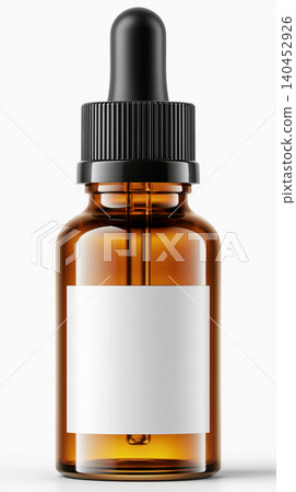 Amber glass serum dropper bottle with white label, cosmetic packaging mock-up for retinol and beauty oils. Amber glass serum dropper bottle with white label, cosmetic packaging mock-up for retinol and beauty oils. 140452926