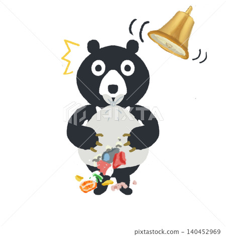 一幅插圖,描繪了一隻熊扛著一個垃圾袋和一個熊鈴。 一幅插圖,描繪了一隻熊扛著一個垃圾袋和一個熊鈴。 140452969