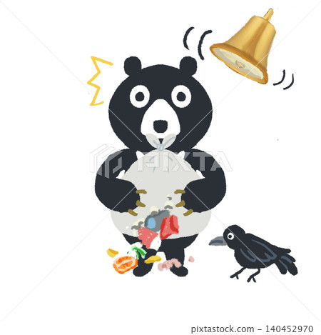圖:一隻熊叼著垃圾袋和熊鈴,旁邊還有一隻烏鴉。 圖:一隻熊叼著垃圾袋和熊鈴,旁邊還有一隻烏鴉。 140452970