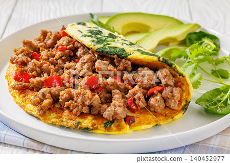 Folded Omelet Stuffed With Ground Beef And Pepper Folded Omelet Stuffed With Ground Beef And Pepper 140452977