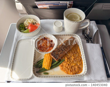 In-flight meal featuring salmon with vegetables and salad on flight from Penang to Singapore In-flight meal featuring salmon with vegetables and salad on flight from Penang to Singapore 140453040
