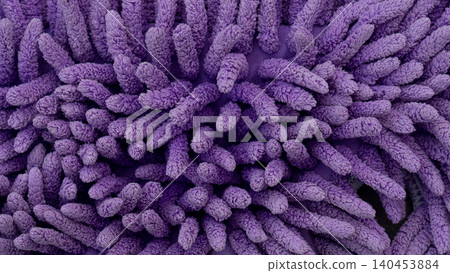 Full-frame abstract macro texture of a bright purple microfiber mop cloth. The thick, soft shaggy fabric strands create a uniform pattern of vibrant organic shapes. Full-frame abstract macro texture of a bright purple microfiber mop cloth. The thick, soft shaggy fabric strands create a uniform pattern of vibrant organic shapes. 140453884