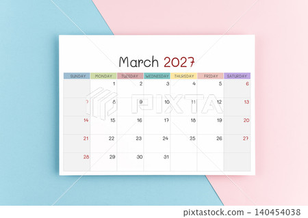 March 2027 calendar page on blue and pink color background. March 2027 calendar page on blue and pink color background. 140454038