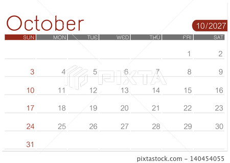October 2027 calendar page isolated on white background, Save clipping path. October 2027 calendar page isolated on white background, Save clipping path. 140454055