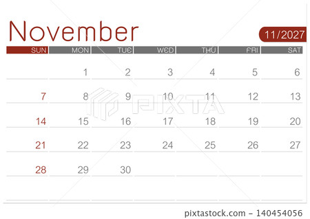 November 2027 calendar page isolated on white background, Save clipping path. November 2027 calendar page isolated on white background, Save clipping path. 140454056