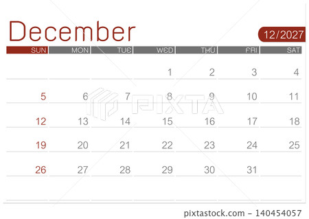 December 2027 calendar page isolated on white background, Save clipping path. December 2027 calendar page isolated on white background, Save clipping path. 140454057