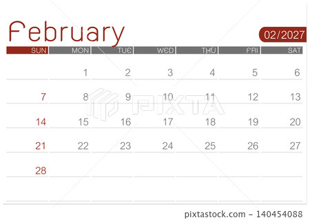 February 2027 calendar page isolated on white background, Save clipping path. February 2027 calendar page isolated on white background, Save clipping path. 140454088