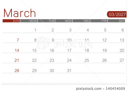 March 2027 calendar page isolated on white background, Save clipping path. March 2027 calendar page isolated on white background, Save clipping path. 140454089