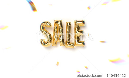 Golden 3D balloon word sale on white background with festive confetti and glow effect. Big discount or sale event. 3d rendering illustration. Golden 3D balloon word sale on white background with festive confetti and glow effect. Big discount or sale event. 3d rendering illustration. 140454412
