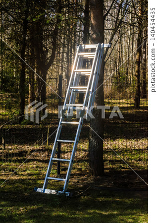 Versatile aluminum ladder propped against a pine tree in a backyard during a sunny day, ready for gardening, pruning, or home repair tasks.. High quality photo Versatile aluminum ladder propped against a pine tree in a backyard during a sunny day, ready for gardening, pruning, or home repair tasks.. High quality photo 140454435