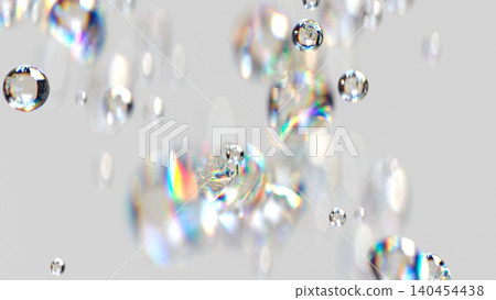 3D render of liquid spheres with iridescent effect and rainbow chromatic aberration. Defocused liquid bubbles floating in empty space on a soft grey background. 3D render of liquid spheres with iridescent effect and rainbow chromatic aberration. Defocused liquid bubbles floating in empty space on a soft grey background. 140454438