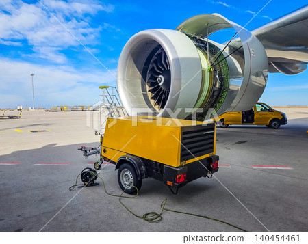 Close-up of an aircraft engine cowling open for inspection and repair with a mobile yellow power unit and service ladder at an airfield. High quality photo Close-up of an aircraft engine cowling open for inspection and repair with a mobile yellow power unit and service ladder at an airfield. High quality photo 140454461