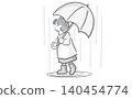 A monochrome watercolor-style illustration of a girl walking with an umbrella on a rainy day. 140454774