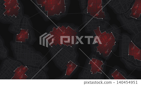 No access zone areas indicate closed zones, coordinates on map. Abstract dark map background featuring red alert zones and geographic coordinates. Vector illustration. 140454951