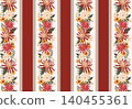 Seamless vertical stripe pattern with lush chrysanthemum and dahlia bouquets in red, cream and gold alternating with bold burgundy and green stripes. Rich autumn botanical for fabric and wallpaper. 140455361